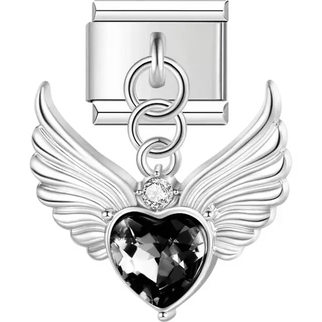 Silver angel wings heart black crystal pendant dangle Italian charm bracelet link