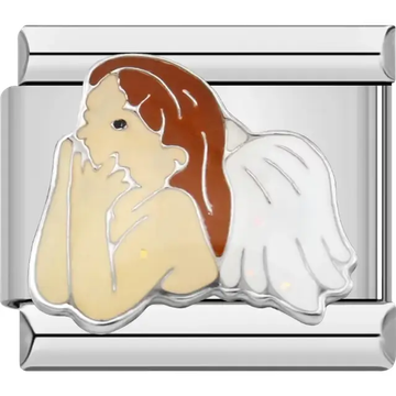 Angel design with brown hair white wings and a serene pose Italian charm bracelet link