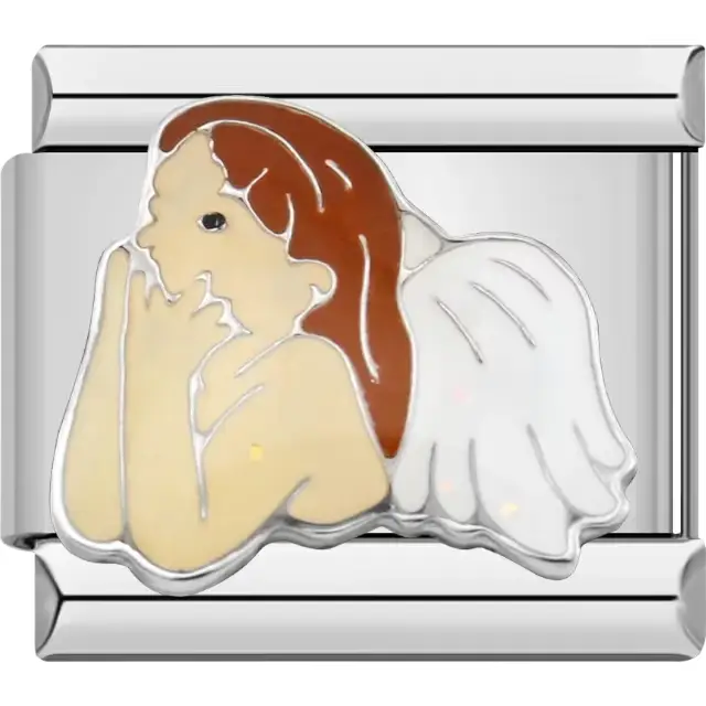 Angel design with brown hair white wings and a serene pose Italian charm bracelet link