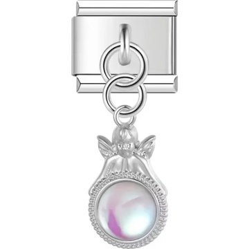 Angel-shaped dangle with a round iridescent pearl accent Italian charm bracelet link