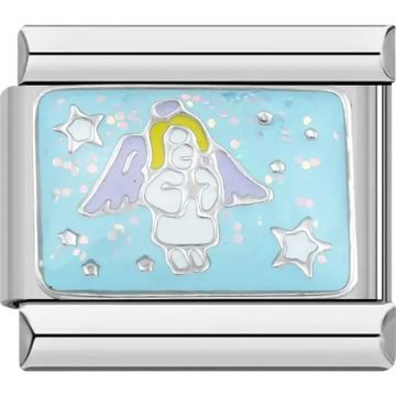 Angel design with purple wings golden halo and stars on a blue background Italian charm bracelet link.