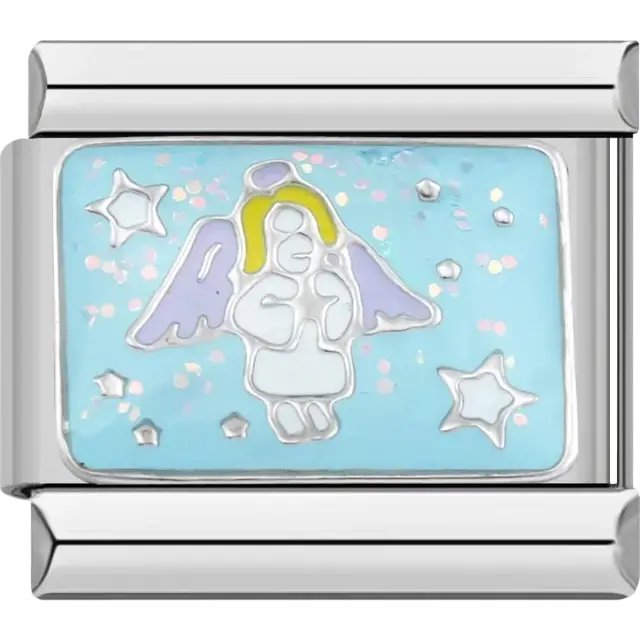 Angel design with purple wings golden halo and stars on a blue background Italian charm bracelet link.