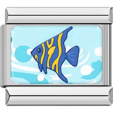 Blue and yellow angelfish with a light blue ocean wave background Italian charm bracelet link