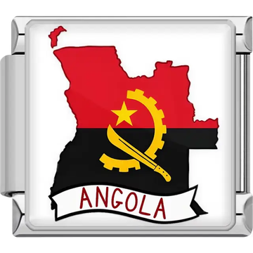 Red and black map of Angola with yellow star and gear machete emblem, white banner Angola text Angola map flag Italian charm bracelet link