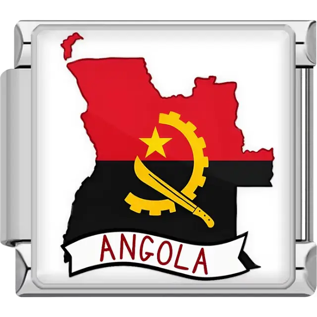 Red and black map of Angola with yellow star and gear machete emblem, white banner Angola text Angola map flag Italian charm bracelet link