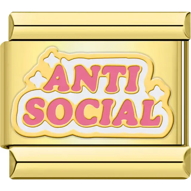 Pink “Anti Social” text with white background and star accents Italian charm bracelet link