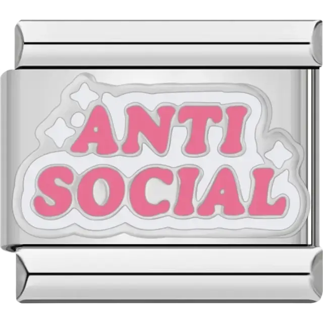 Pink “Anti Social” text with white background and star accents Italian charm bracelet link