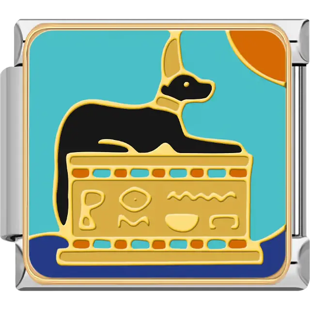 Black jackal Anubis reclining on a gold hieroglyphic pedestal with sun and blue sky background inspired by ancient Egyptian mythology Italian charm bracelet link