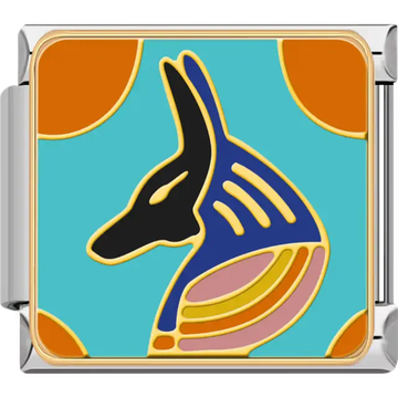Stylized black jackal head of Anubis with gold, blue, and pink collar on a turquoise background with orange sun accents inspired by ancient Egyptian mythology Italian charm bracelet link