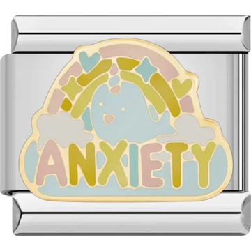 Blue narwhal with "ANXIETY" text pastel rainbow hearts and stars Italian charm bracelet link