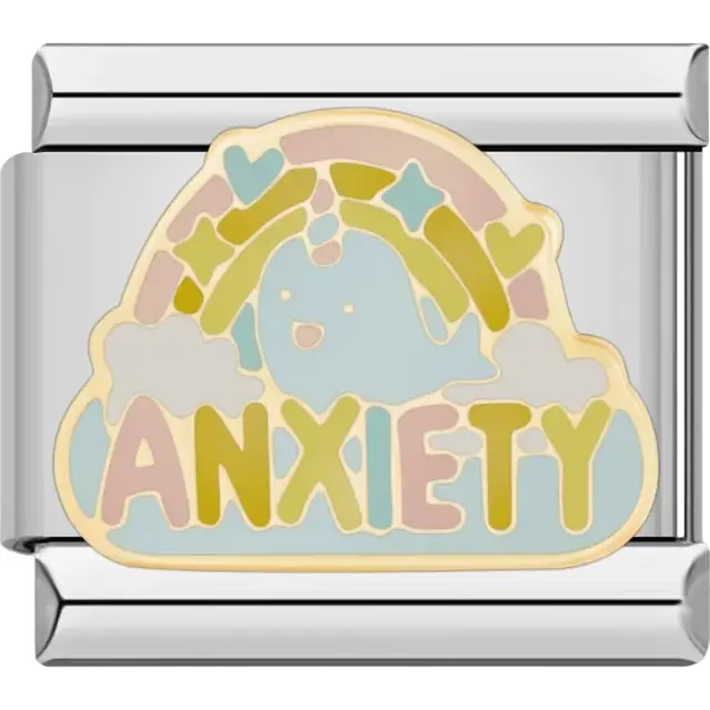 Blue narwhal with "ANXIETY" text pastel rainbow hearts and stars Italian charm bracelet link