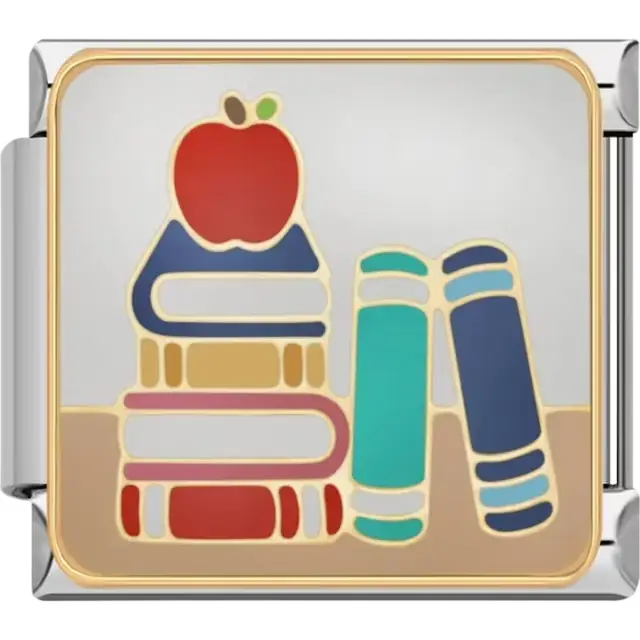 Stack of colorful books with a red apple design Italian charm bracelet link