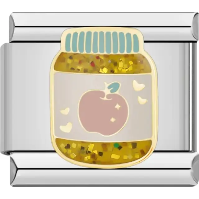 Yellow glitter apple jam jar design with soft pastel accents Italian charm bracelet link