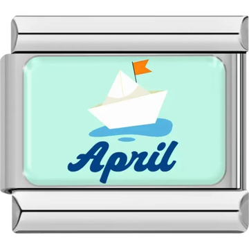 White paper boat with orange flag water splash and "April" in blue on light blue background Italian charm bracelet link