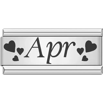 Black text spelling "Apr" surrounded by small and large black hearts Italian charm bracelet link