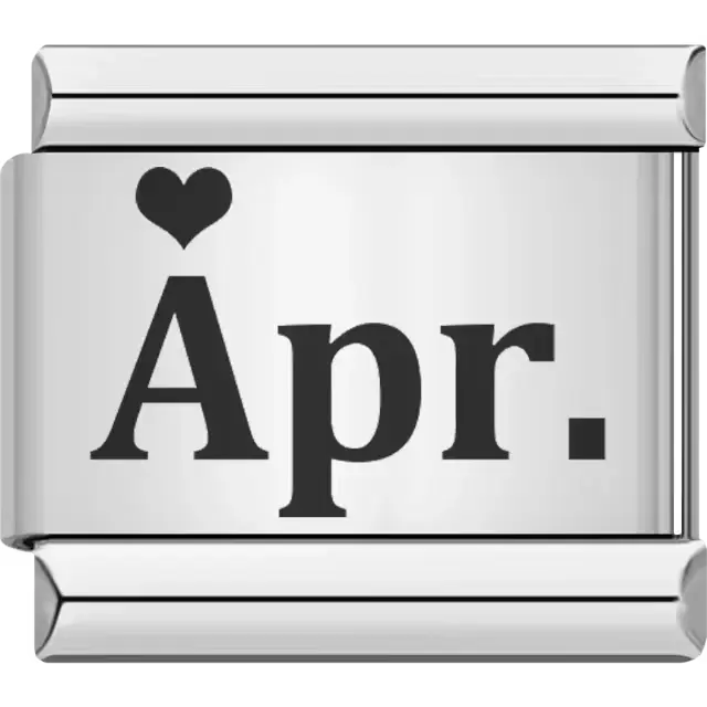 Black "Apr" text with a black heart Italian charm bracelet link