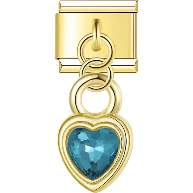 Aqua blue crystal heart pendant linked with rings Italian charm bracelet link