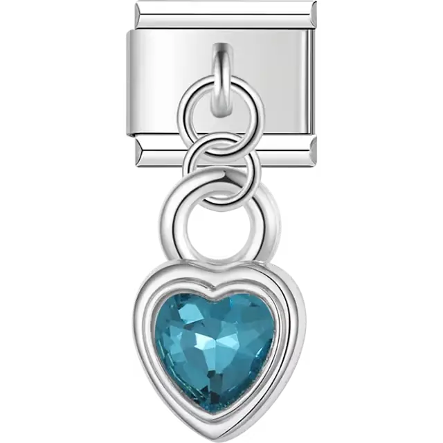 Aqua blue crystal heart pendant linked with rings Italian charm bracelet link