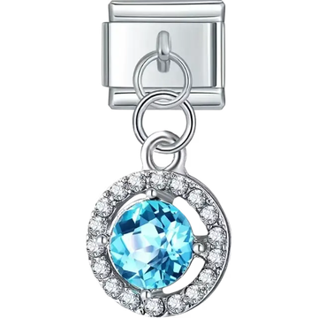 Dangle featuring an aqua blue central crystal surrounded by a ring of clear crystal accents Italian charm bracelet link