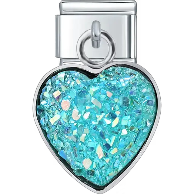 Heart-shaped dangle filled with sparkling aqua glitter Italian charm bracelet link