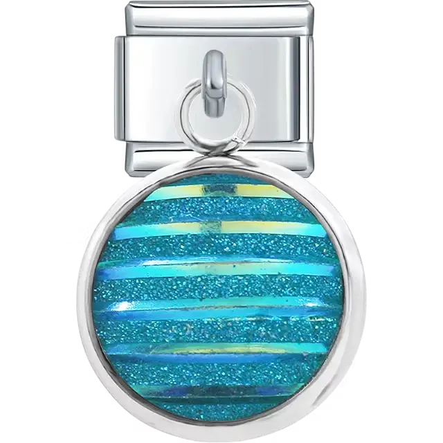 Round dangle with aqua iridescent glitter and horizontal stripe pattern Italian charm bracelet link