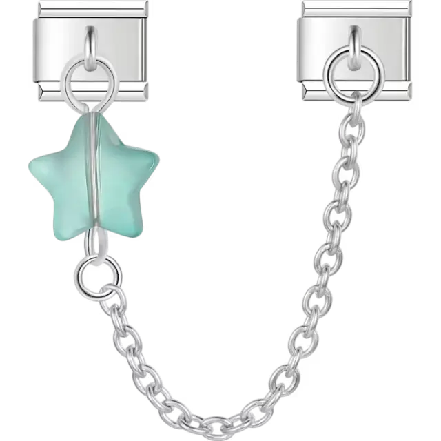 Light aqua star with silver safety chain Italian charm bracelet link