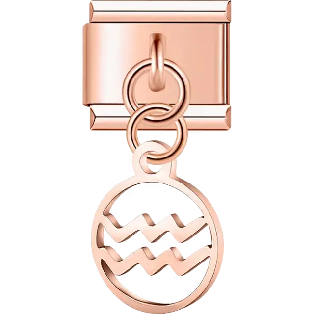 Aquarius zodiac symbol on a circular dangle Italian charm bracelet link