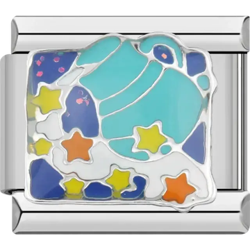 Aquarius zodiac symbol with colorful stars in blue orange and yellow Italian charm bracelet link.