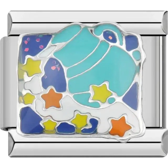 Aquarius zodiac symbol with colorful stars in blue orange and yellow Italian charm bracelet link.