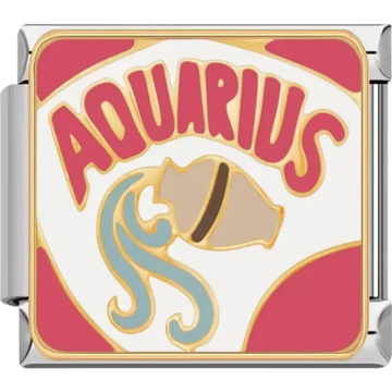 Aquarius zodiac symbol featuring a water jug design with flowing blue water and bold red lettering on a white and pink background Italian charm bracelet link