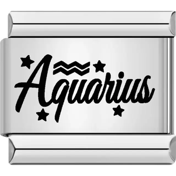 Black "Aquarius" text with Aquarius symbol and star accents Italian charm bracelet link