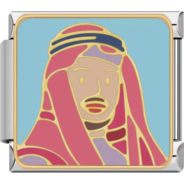 Arabian man in pink and red headdress with gold and blue accents on light blue background Italian charm bracelet link