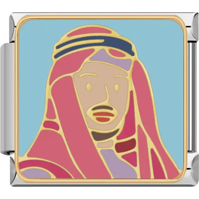 Arabian man in pink and red headdress with gold and blue accents on light blue background Italian charm bracelet link