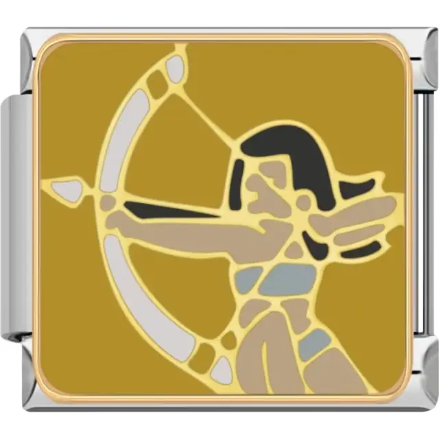 Gold archer pulling a white bow with black hair and beige details on a gold background Italian charm bracelet link
