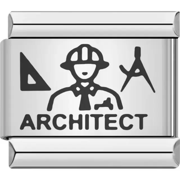 Black architect figure with helmet and drafting tools above bold "ARCHITECT" text Italian charm bracelet link
