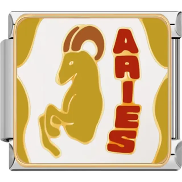 Aries zodiac symbol featuring a bold ram design with red lettering on a white and yellow background Italian charm bracelet link