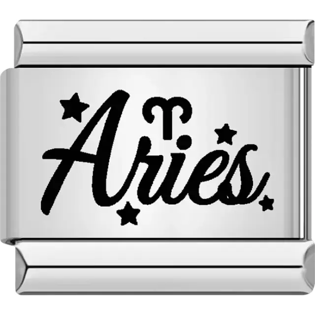 Black "Aries" text with Aries symbol and star accents Italian charm bracelet link