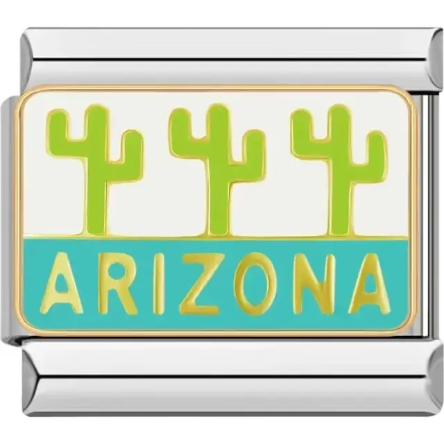 Three green cacti with "ARIZONA" text on a turquoise background Italian charm bracelet link