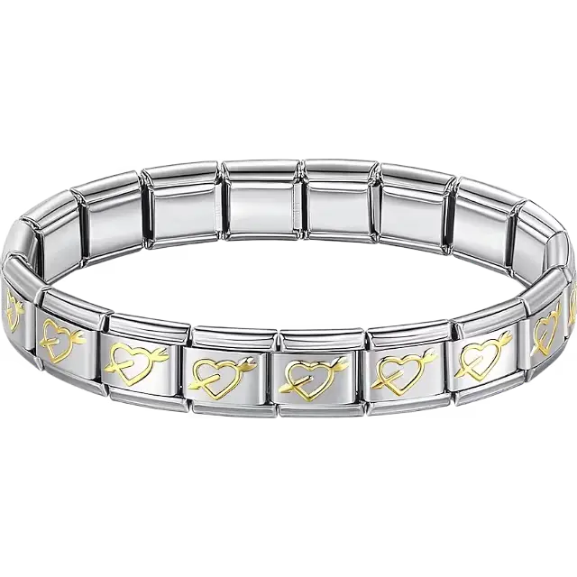 Gold arrow heart charms composing stainless steel Italian bracelet