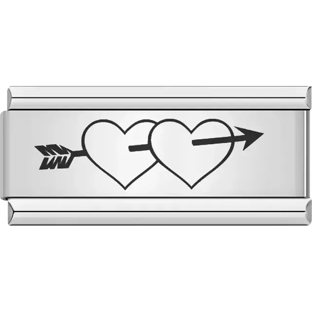 Black outline of two interlocked hearts pierced by an arrow Italian charm bracelet link