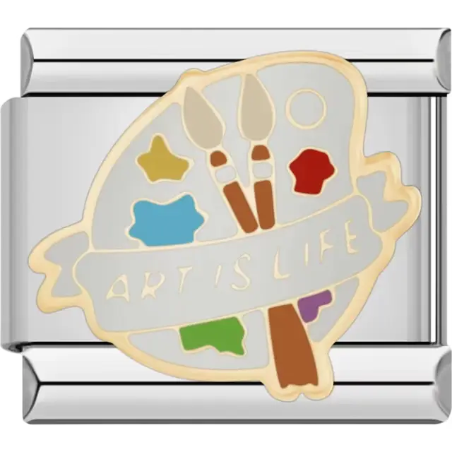 Gold artist palette with paint swatches brushes and "ART IS LIFE" text Italian charm bracelet link