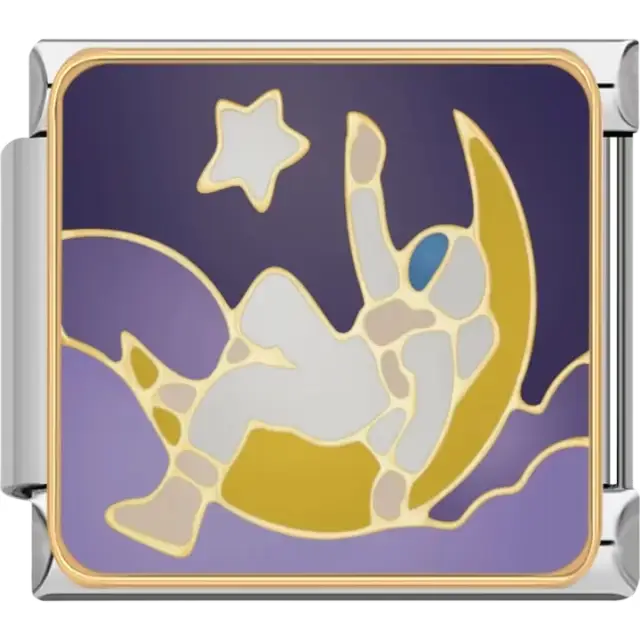 White astronaut lounging on a gold crescent moon with star and purple background Italian charm bracelet link