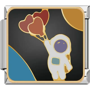 Astronaut holding red and gold heart-shaped balloons floating on black background with gold and blue accents Italian charm bracelet link