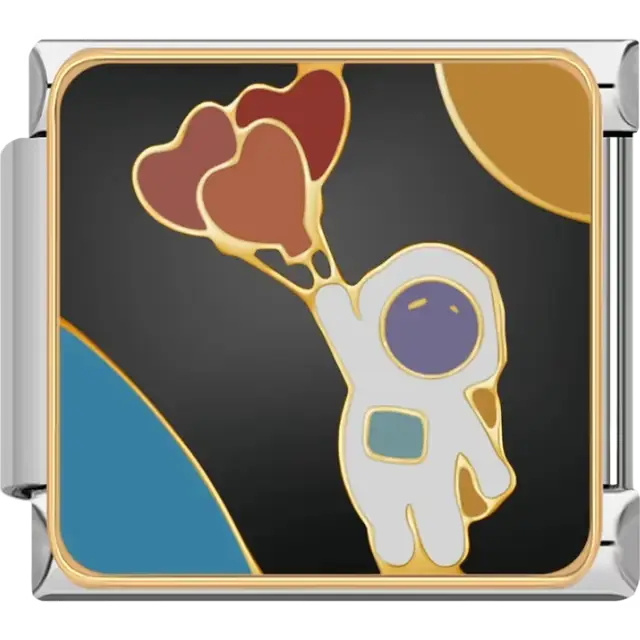 Astronaut holding red and gold heart-shaped balloons floating on black background with gold and blue accents Italian charm bracelet link