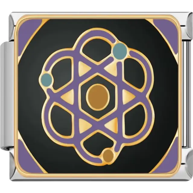 Gold atom symbol with orbiting spheres on a black background with purple and gold border Italian charm bracelet link
