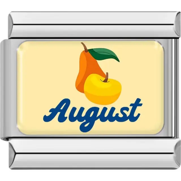 Yellow apple orange pear green leaf and "August" in blue on cream background Italian charm bracelet link