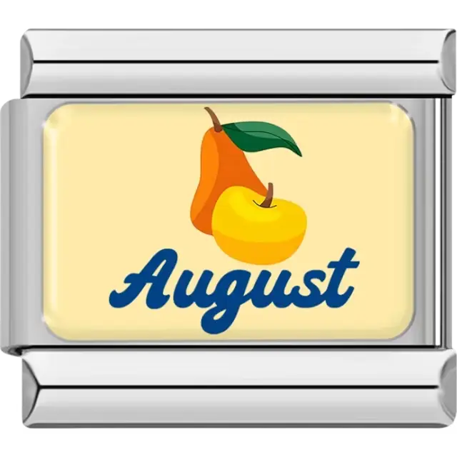 Yellow apple orange pear green leaf and "August" in blue on cream background Italian charm bracelet link