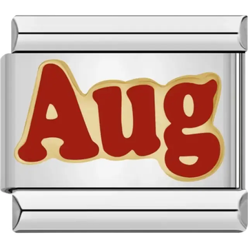 "Aug" text in red with a gold outline Italian charm bracelet link