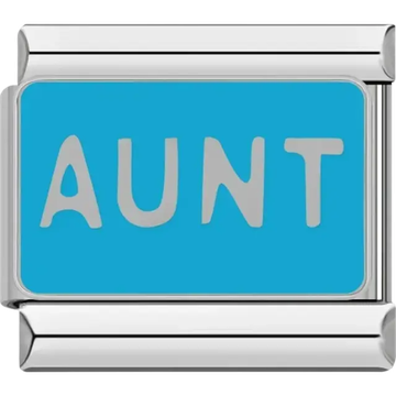 Blue background with bold silver AUNT text Italian charm bracelet link