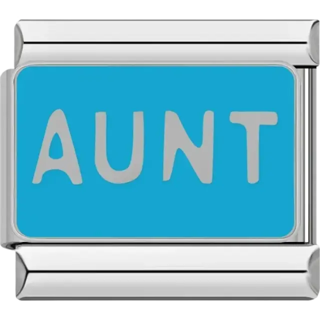 Blue background with bold silver AUNT text Italian charm bracelet link